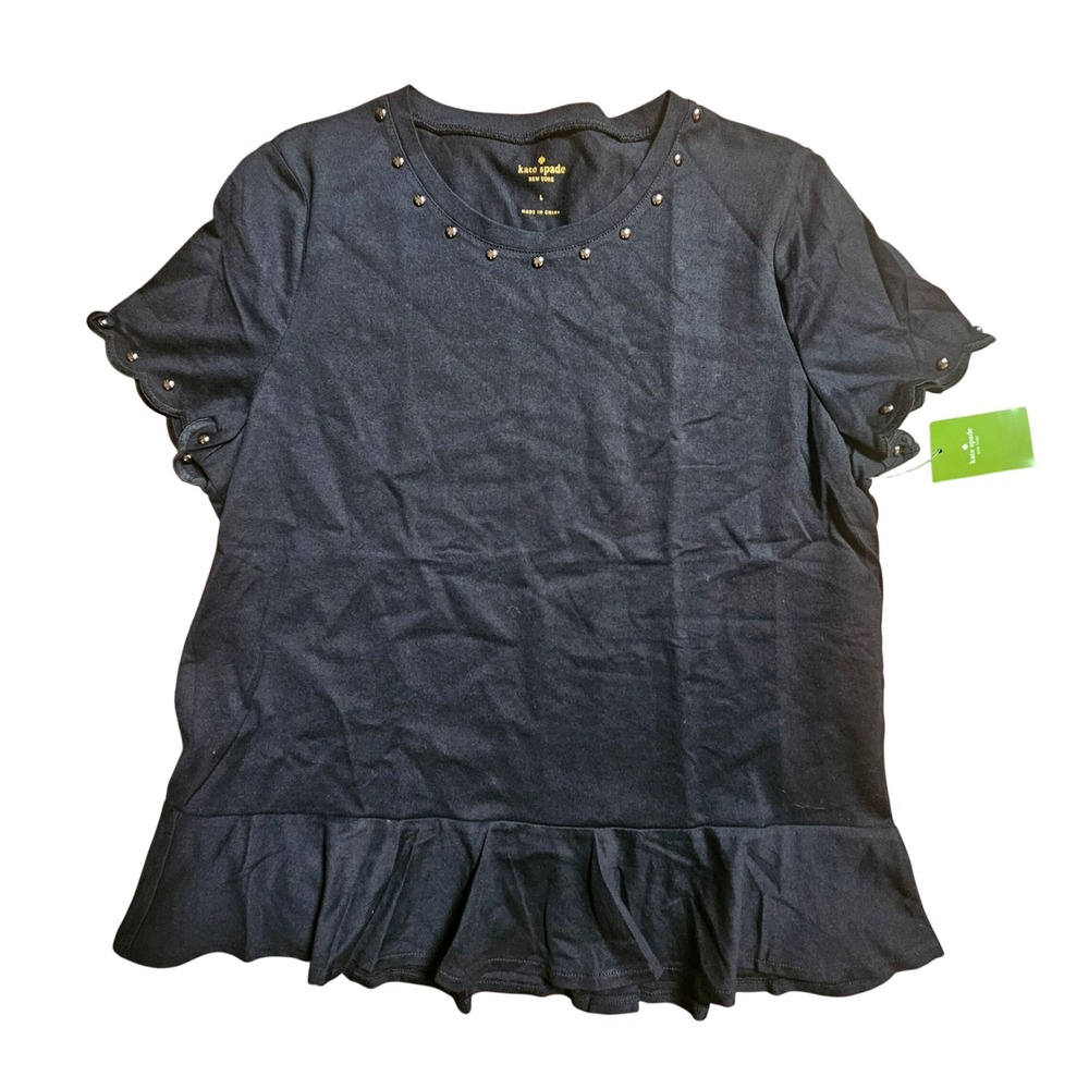 Kate Spade Broome Street Stud Embellished Peplum Tee L Cotton OUMU1131 NWT